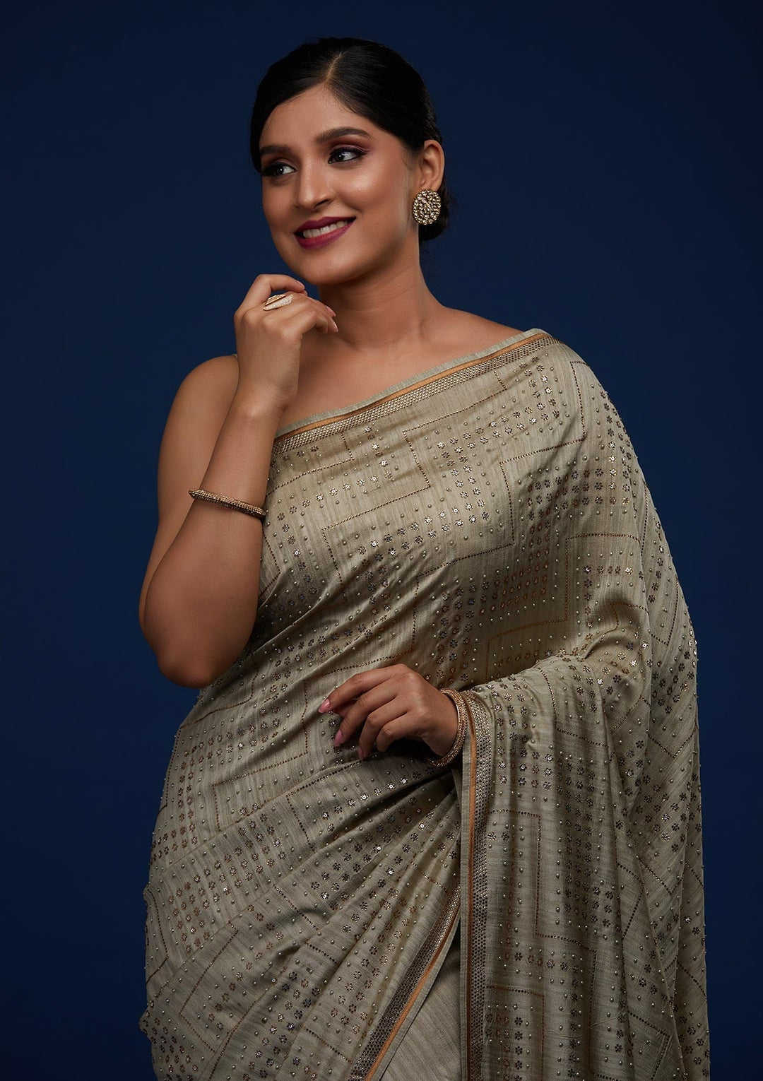 Pista Green Sequins Semi Crepe Designer Saree - Koskii