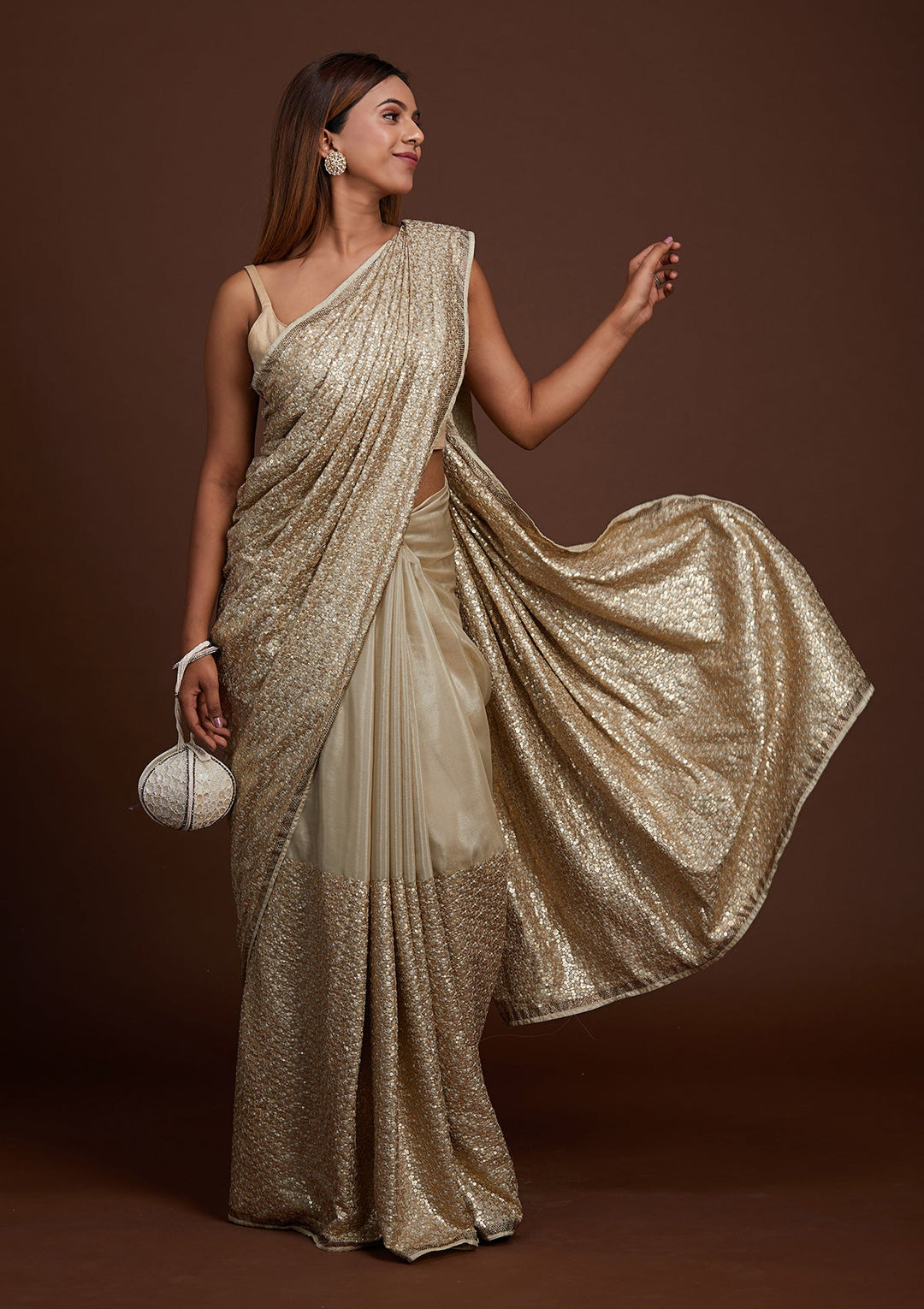 Pista Green Sequins Semi Crepe Saree-Koskii