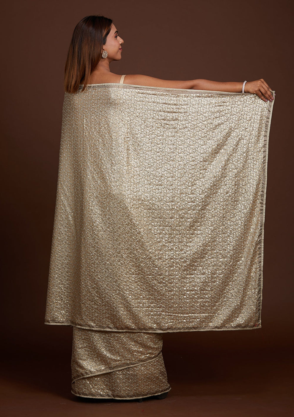 Pista Green Sequins Semi Crepe Saree-Koskii