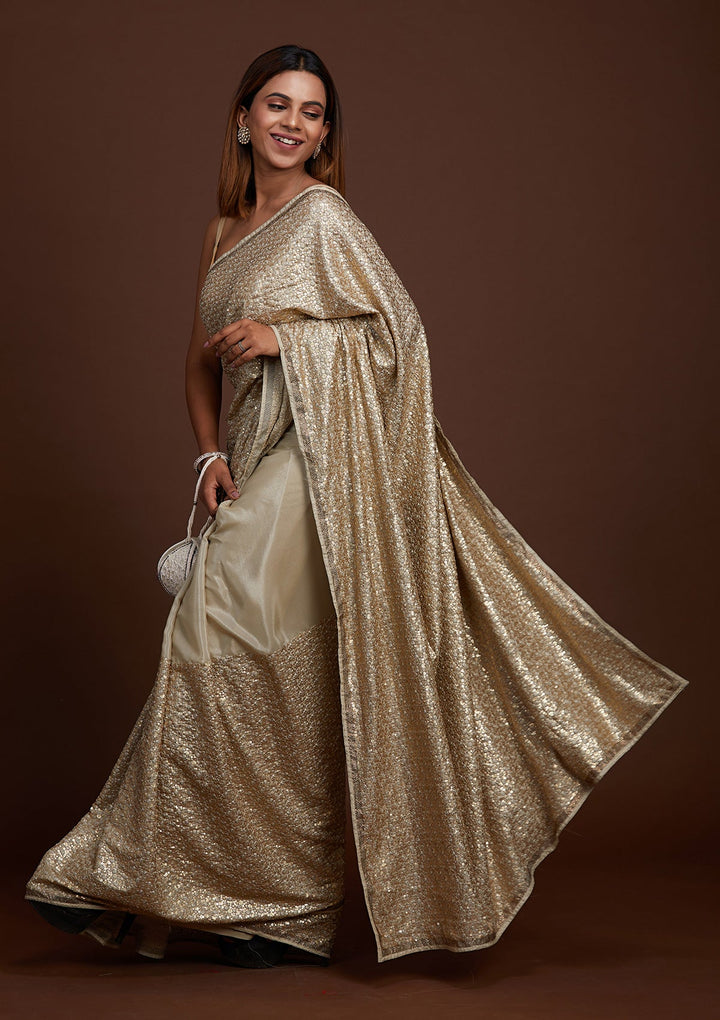 Pista Green Sequins Semi Crepe Saree-Koskii