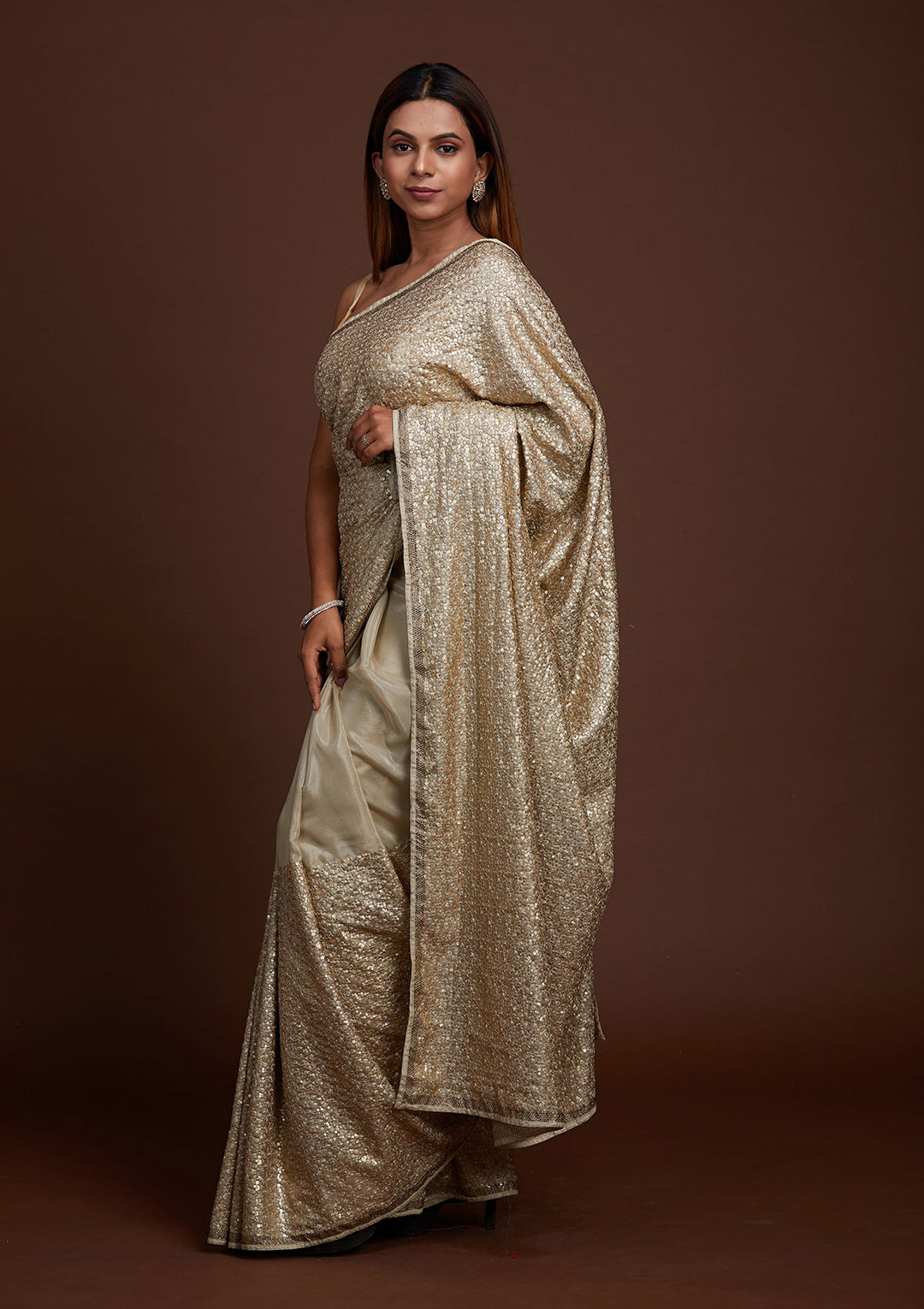 Pista Green Sequins Semi Crepe Saree-Koskii