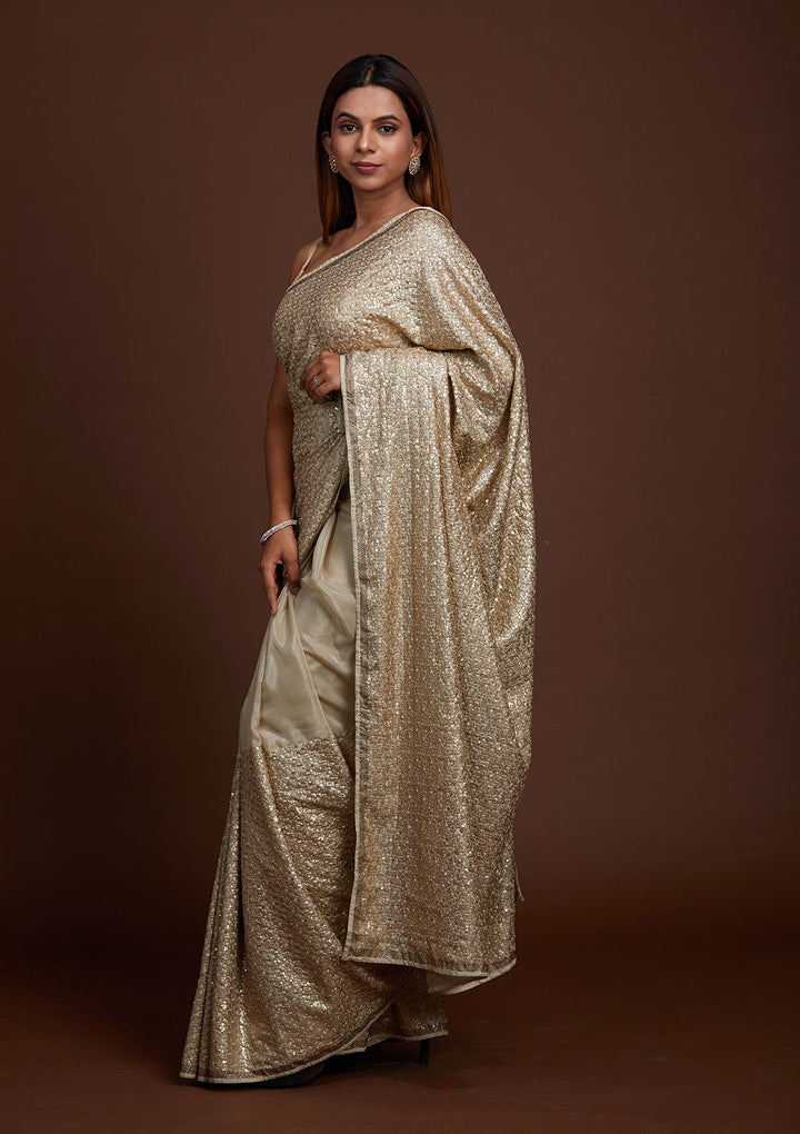 Pista Green Sequins Semi Crepe Saree-Koskii