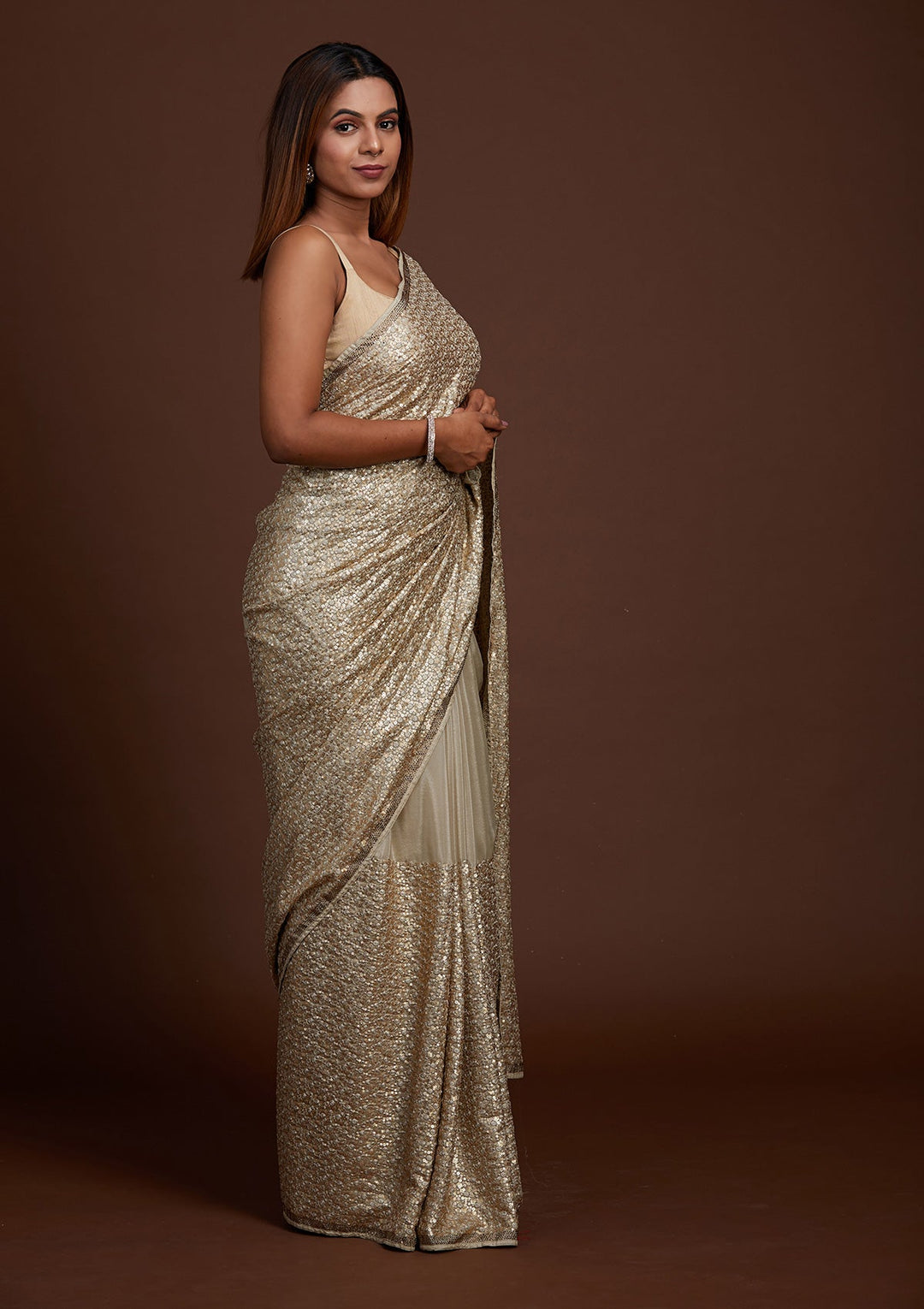 Pista Green Sequins Semi Crepe Saree-Koskii