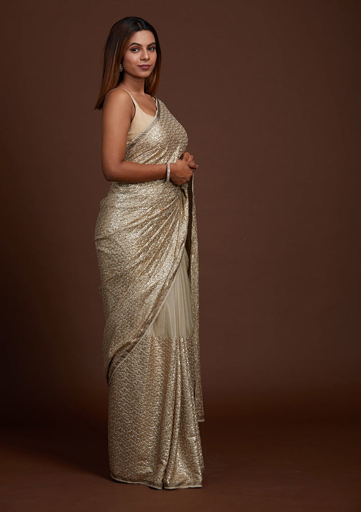 Pista Green Sequins Semi Crepe Saree-Koskii
