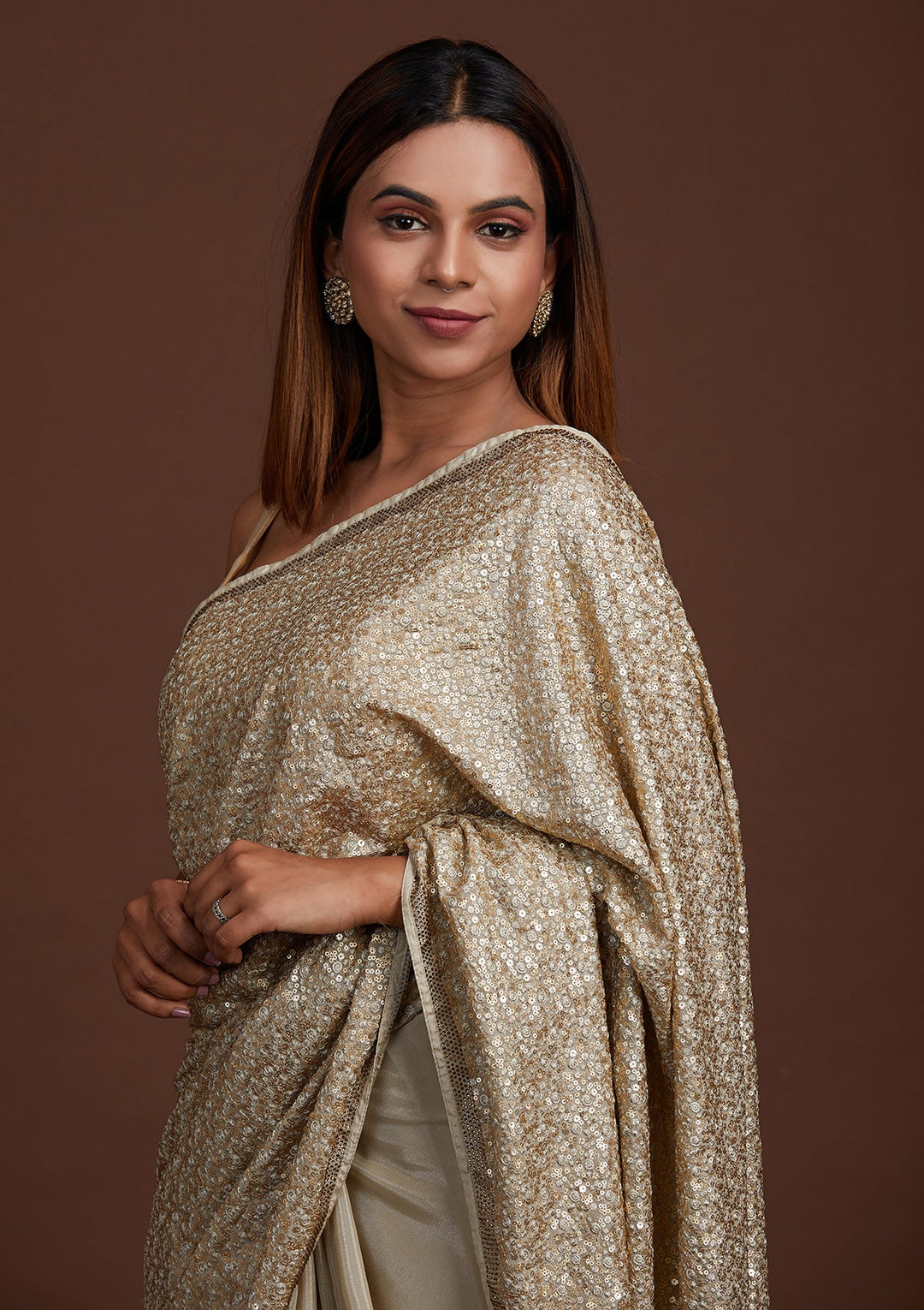 Pista Green Sequins Semi Crepe Saree-Koskii