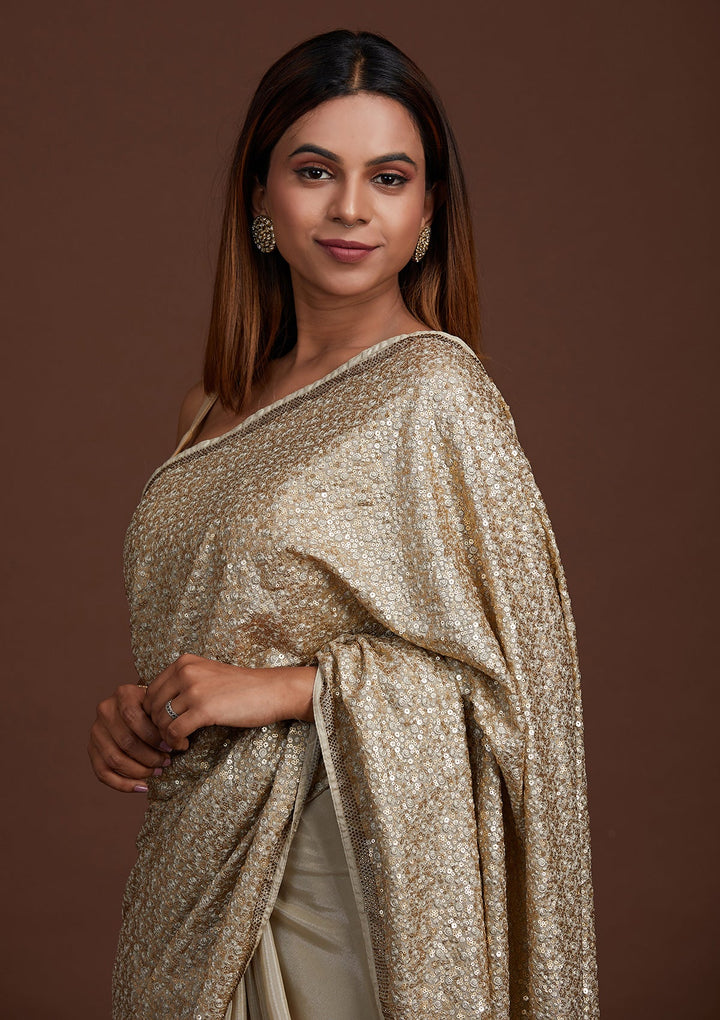 Pista Green Sequins Semi Crepe Saree-Koskii