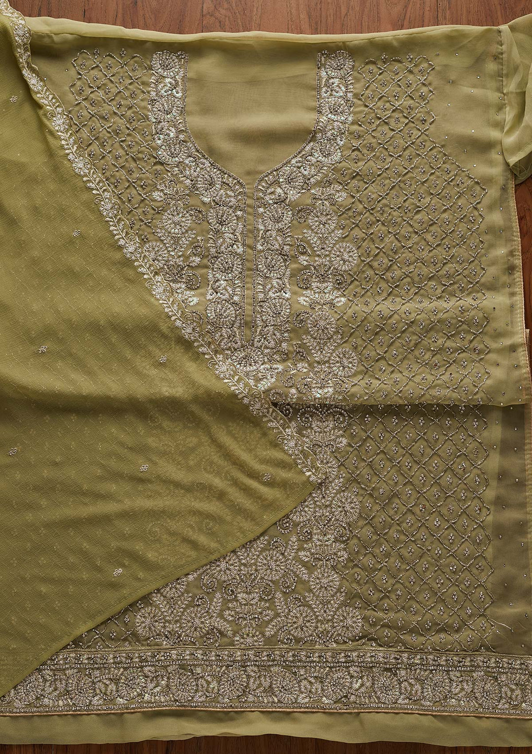 Pista Green Silver Stonework Georgette Designer Semi-Stitched Salwar Suit - Koskii
