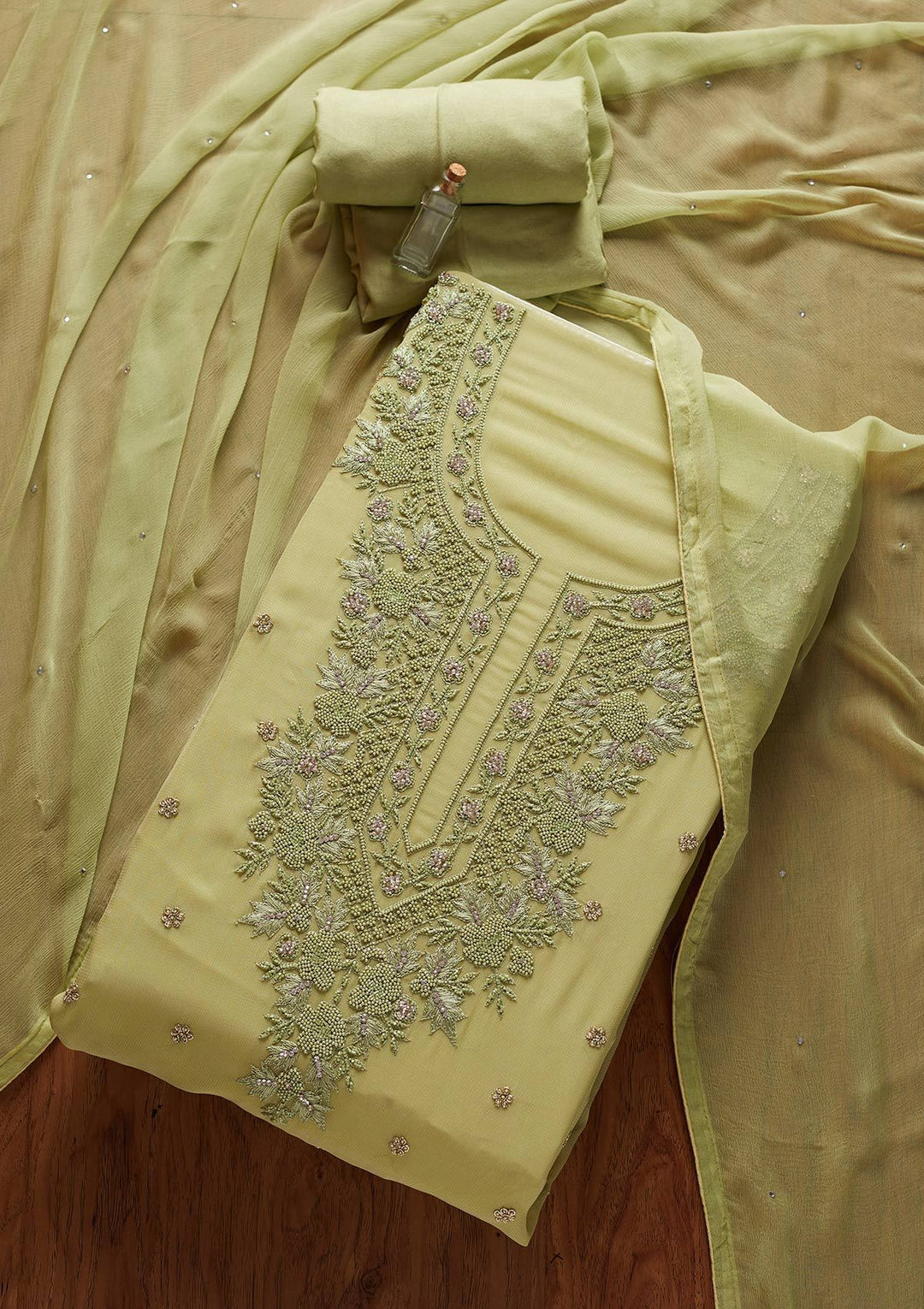 Pista Green Silver Stonework Georgette Designer Unstitched Salwar Suit - koskii
