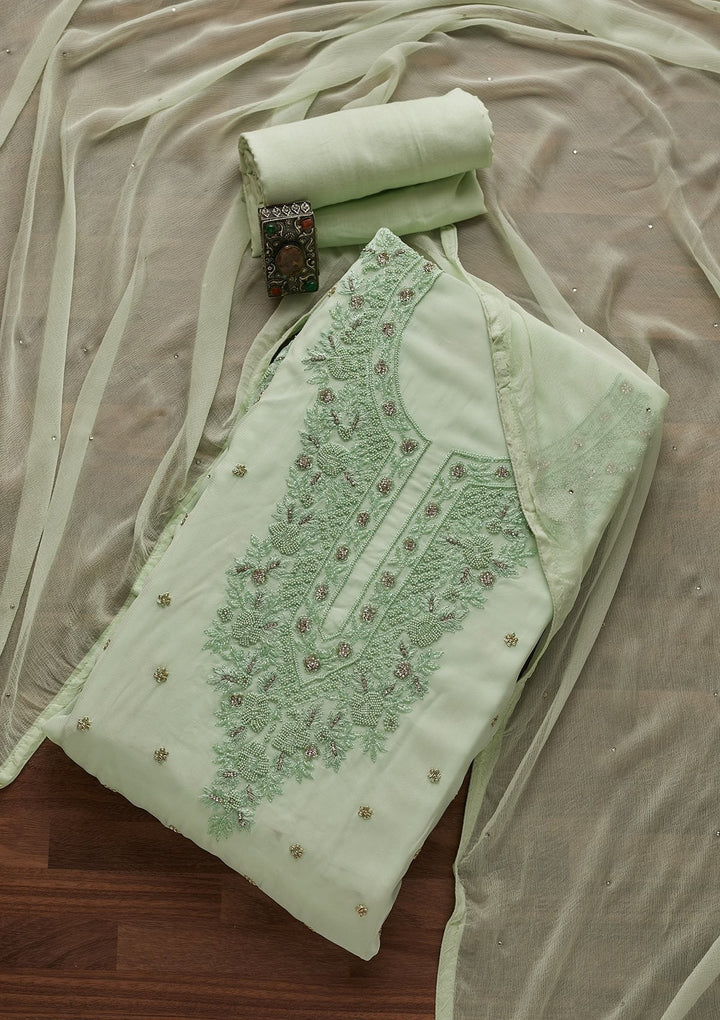 Pista Green Silver Stonework Georgette Unstitched Salwar Suit - Koskii