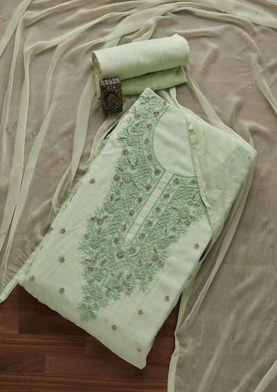 Pista Green Silver Stonework Georgette Unstitched Salwar Suit - Koskii