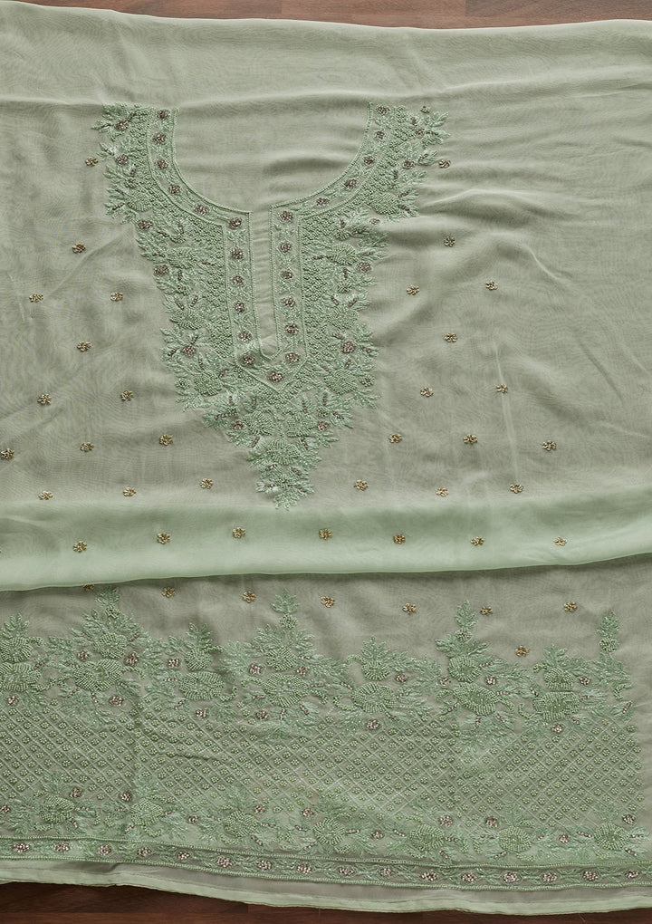 Pista Green Silver Stonework Georgette Unstitched Salwar Suit - Koskii