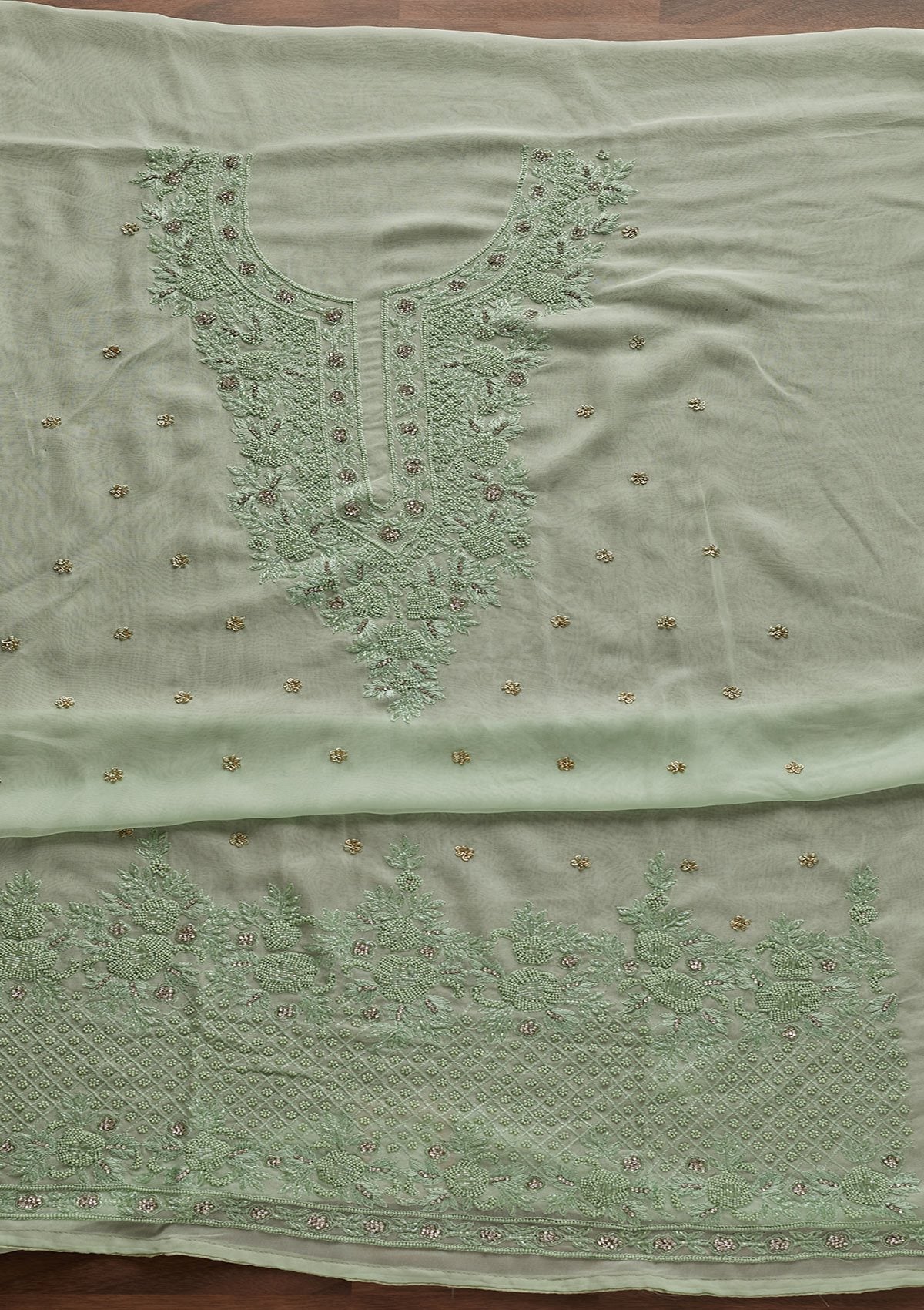 Pista Green Silver Stonework Georgette Unstitched Salwar Suit - Koskii