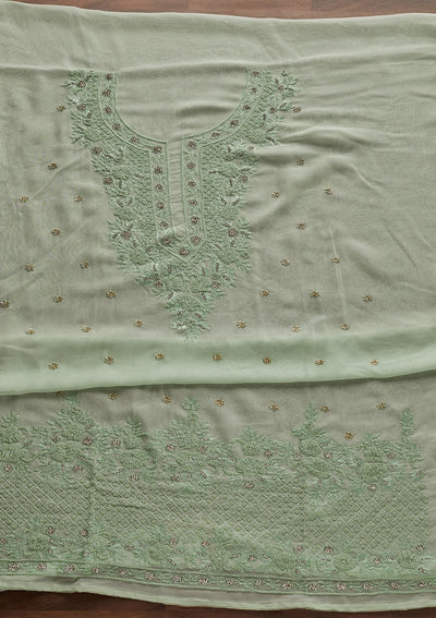 Pista Green Silver Stonework Georgette Unstitched Salwar Suit - Koskii