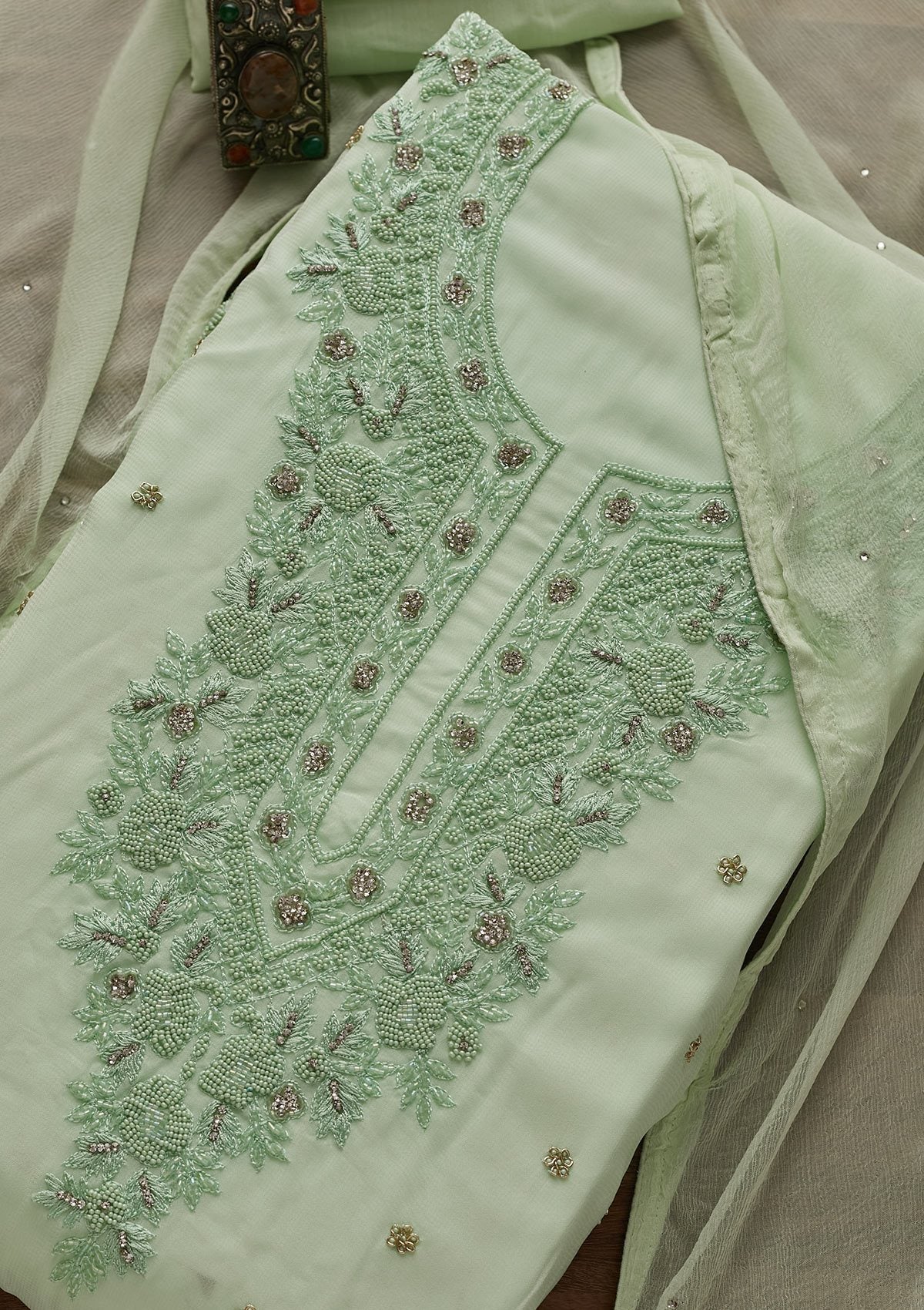 Pista Green Silver Stonework Georgette Unstitched Salwar Suit - Koskii