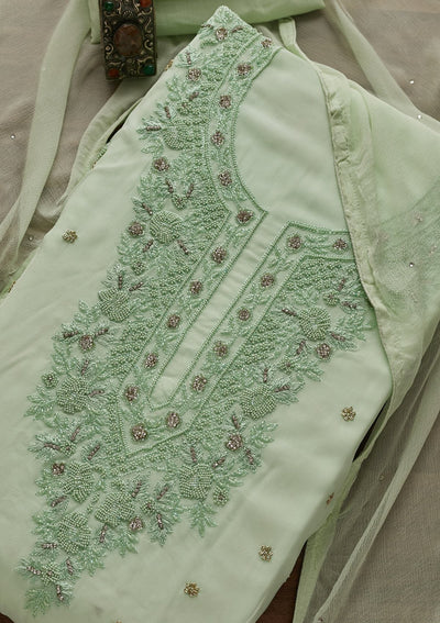 Pista Green Silver Stonework Georgette Unstitched Salwar Suit - Koskii