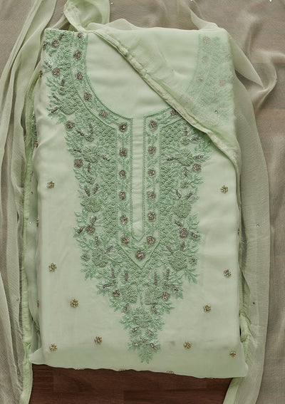 Pista Green Silver Stonework Georgette Unstitched Salwar Suit - Koskii