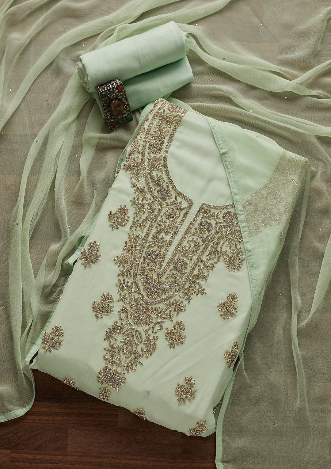 Pista Green Silver Stonework Georgette Unstitched Salwar Suit - Koskii