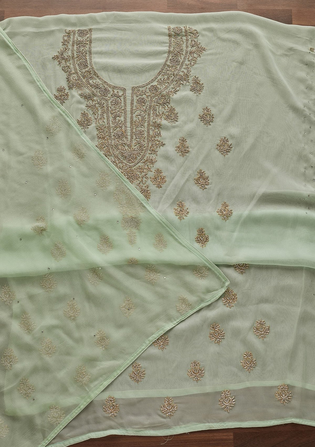 Pista Green Silver Stonework Georgette Unstitched Salwar Suit - Koskii