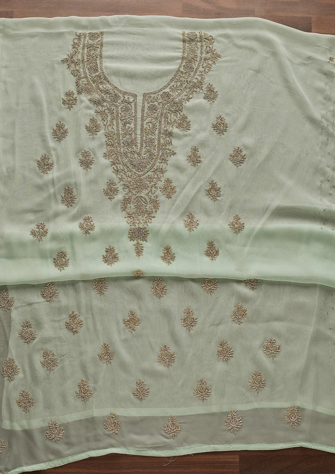 Pista Green Silver Stonework Georgette Unstitched Salwar Suit - Koskii