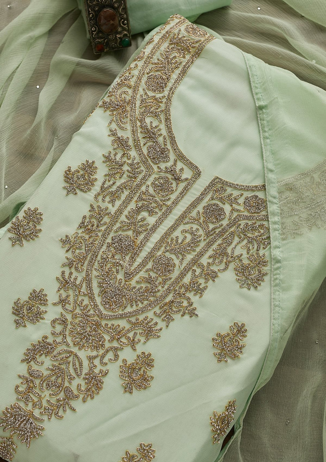 Pista Green Silver Stonework Georgette Unstitched Salwar Suit - Koskii