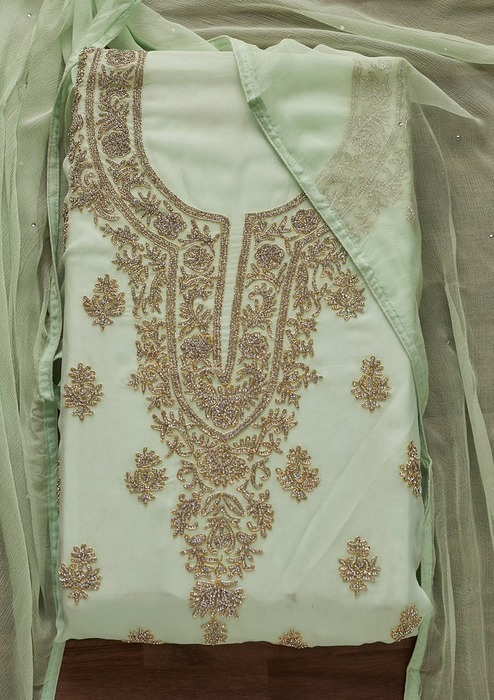 Pista Green Silver Stonework Georgette Unstitched Salwar Suit - Koskii