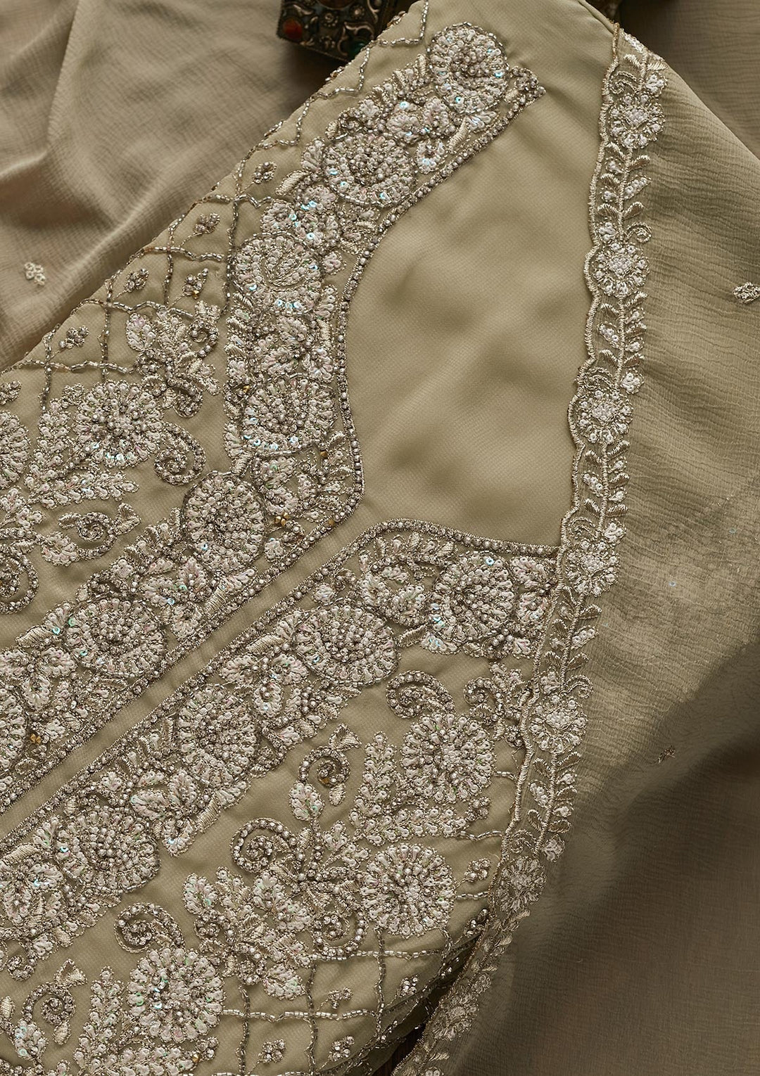 Pista Green Silver Stonework Georgette Designer Unstitched Salwar Suit - Koskii
