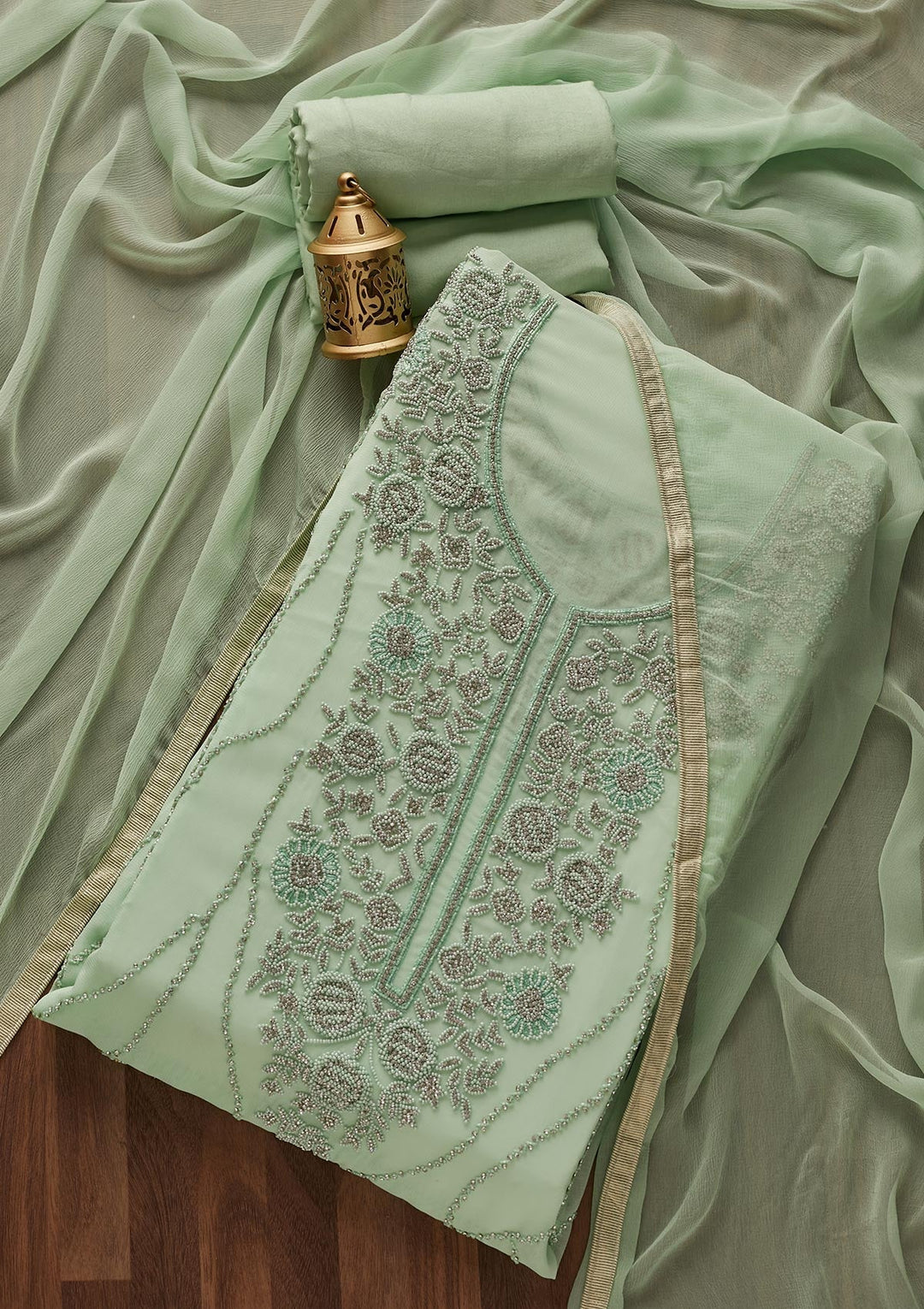 Pista Green Silver Stonework Georgette Designer Unstitched Salwar Suit - Koskii