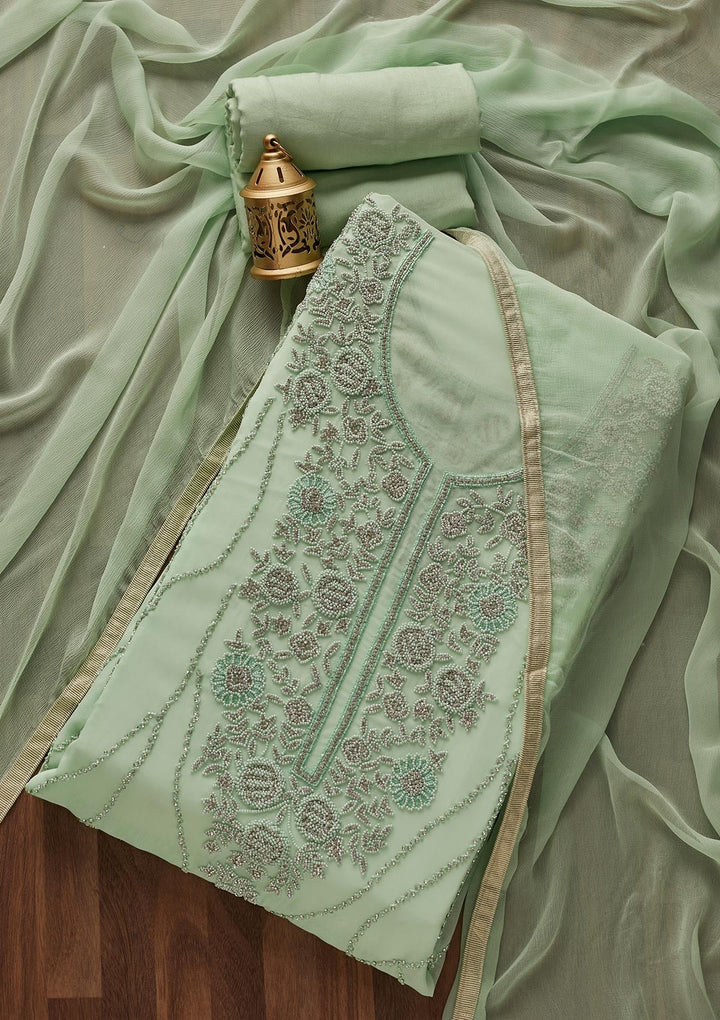 Pista Green Silver Stonework Georgette Designer Unstitched Salwar Suit - Koskii