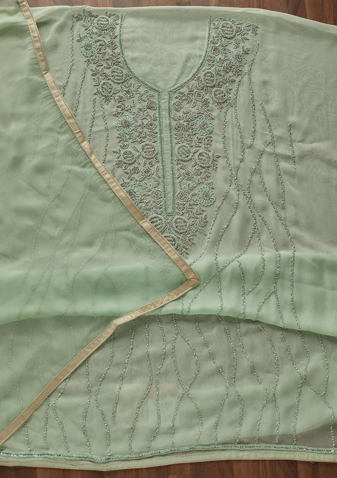Pista Green Silver Stonework Georgette Designer Unstitched Salwar Suit - Koskii