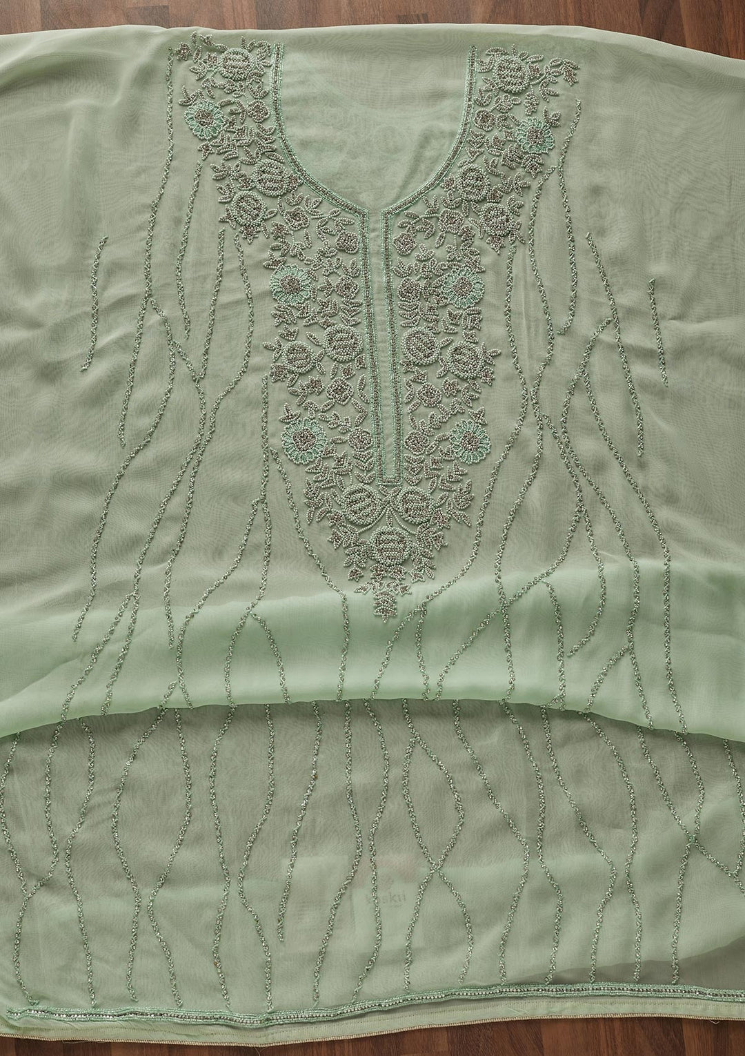 Pista Green Silver Stonework Georgette Designer Unstitched Salwar Suit - Koskii
