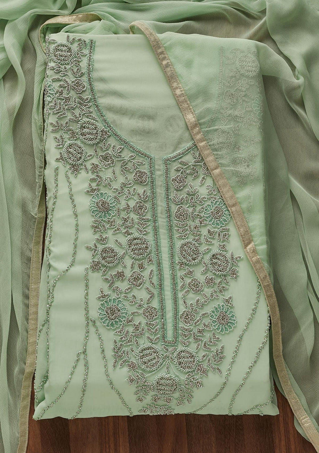 Pista Green Silver Stonework Georgette Designer Unstitched Salwar Suit - Koskii