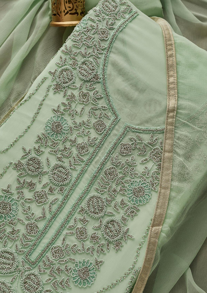 Pista Green Silver Stonework Georgette Designer Unstitched Salwar Suit - Koskii
