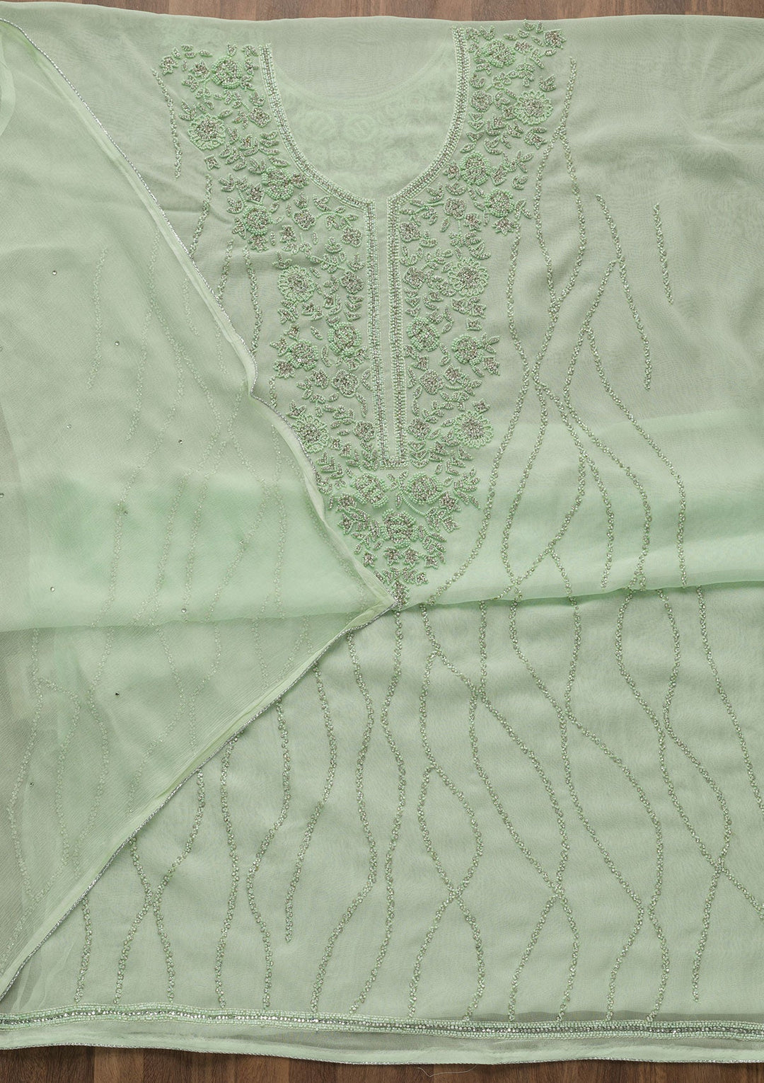 Pista Green Silver Stonework Georgette Unstitched Salwar Suit-Koskii