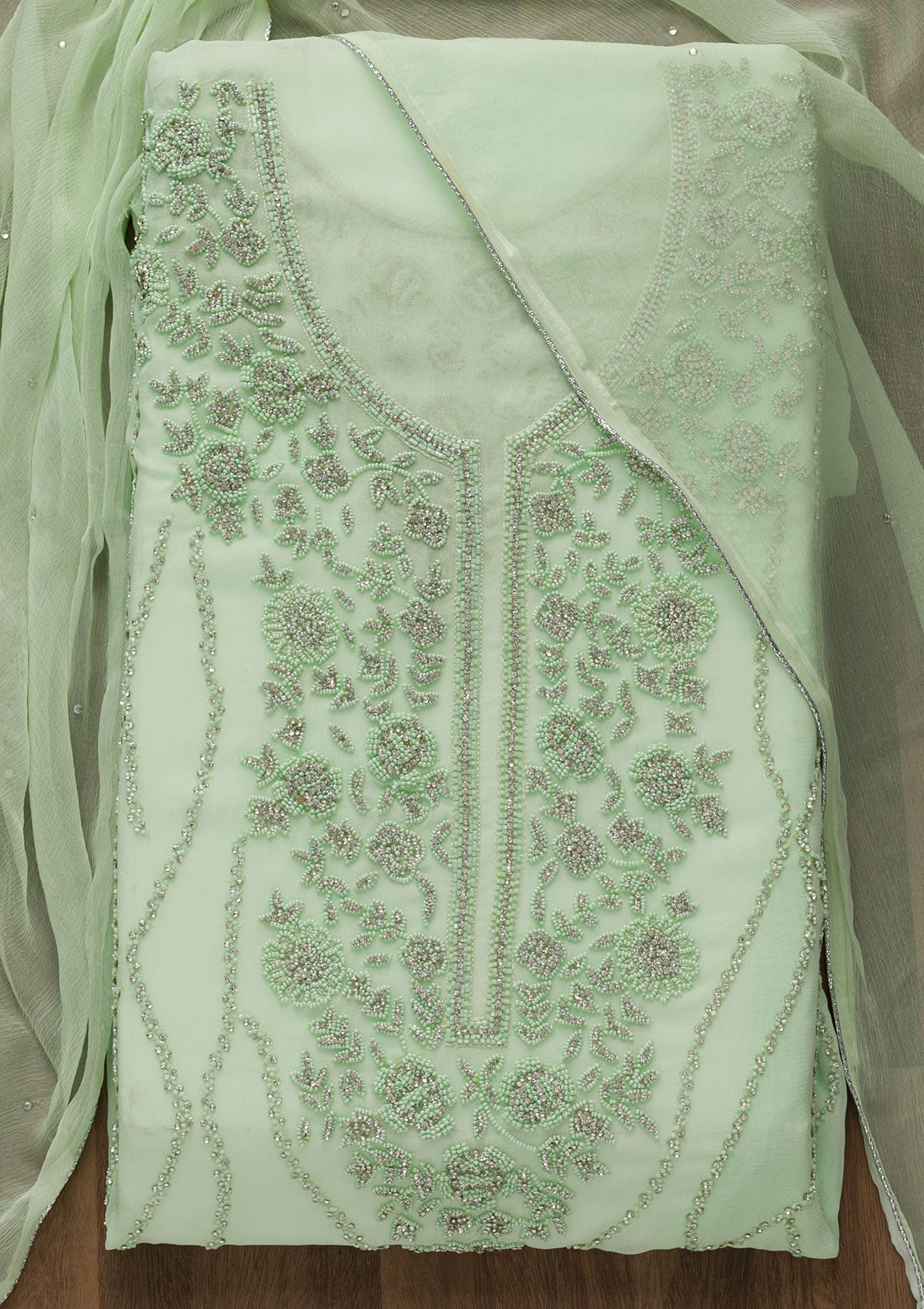 Pista Green Silver Stonework Georgette Unstitched Salwar Suit-Koskii