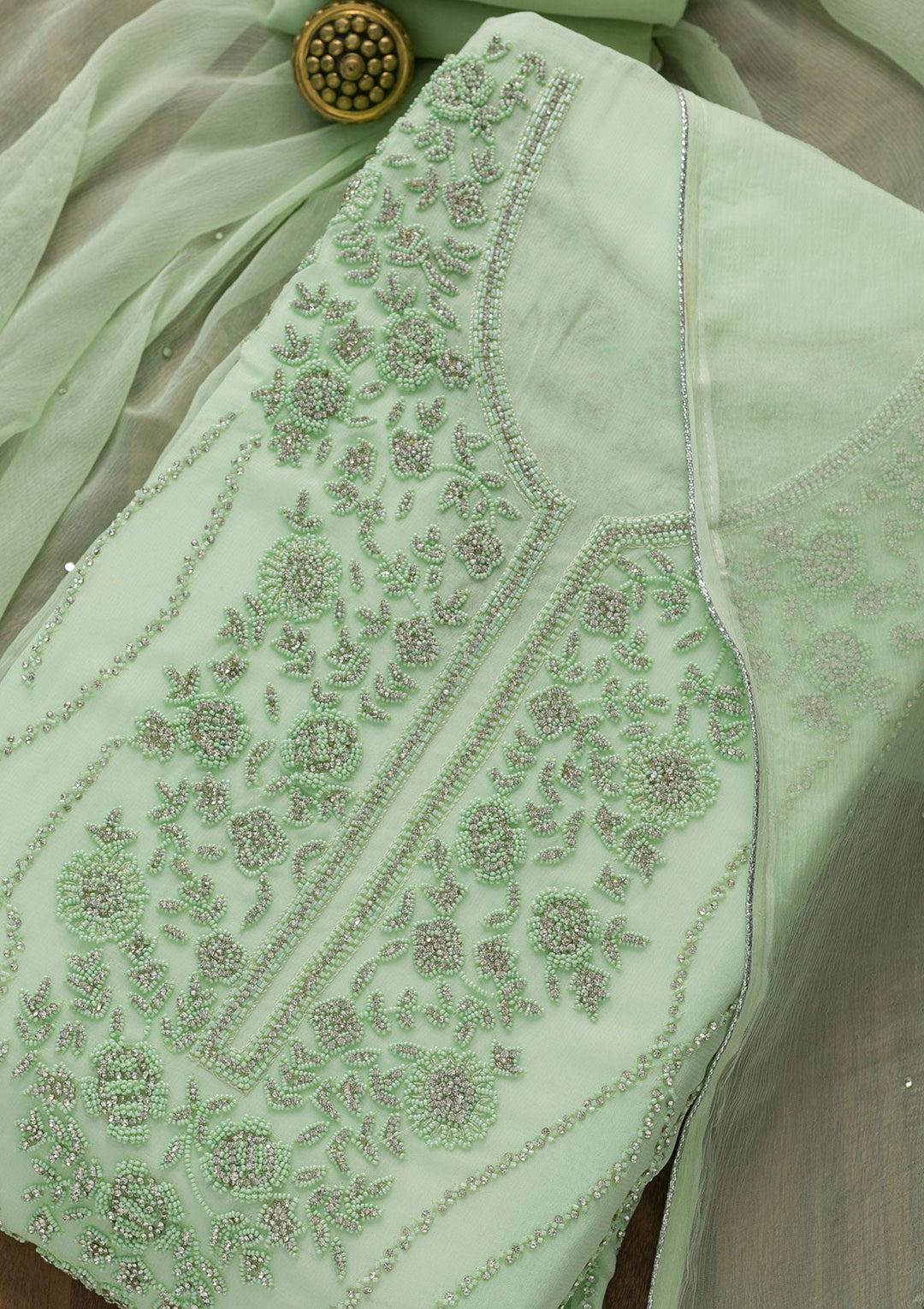 Pista Green Silver Stonework Georgette Unstitched Salwar Suit-Koskii