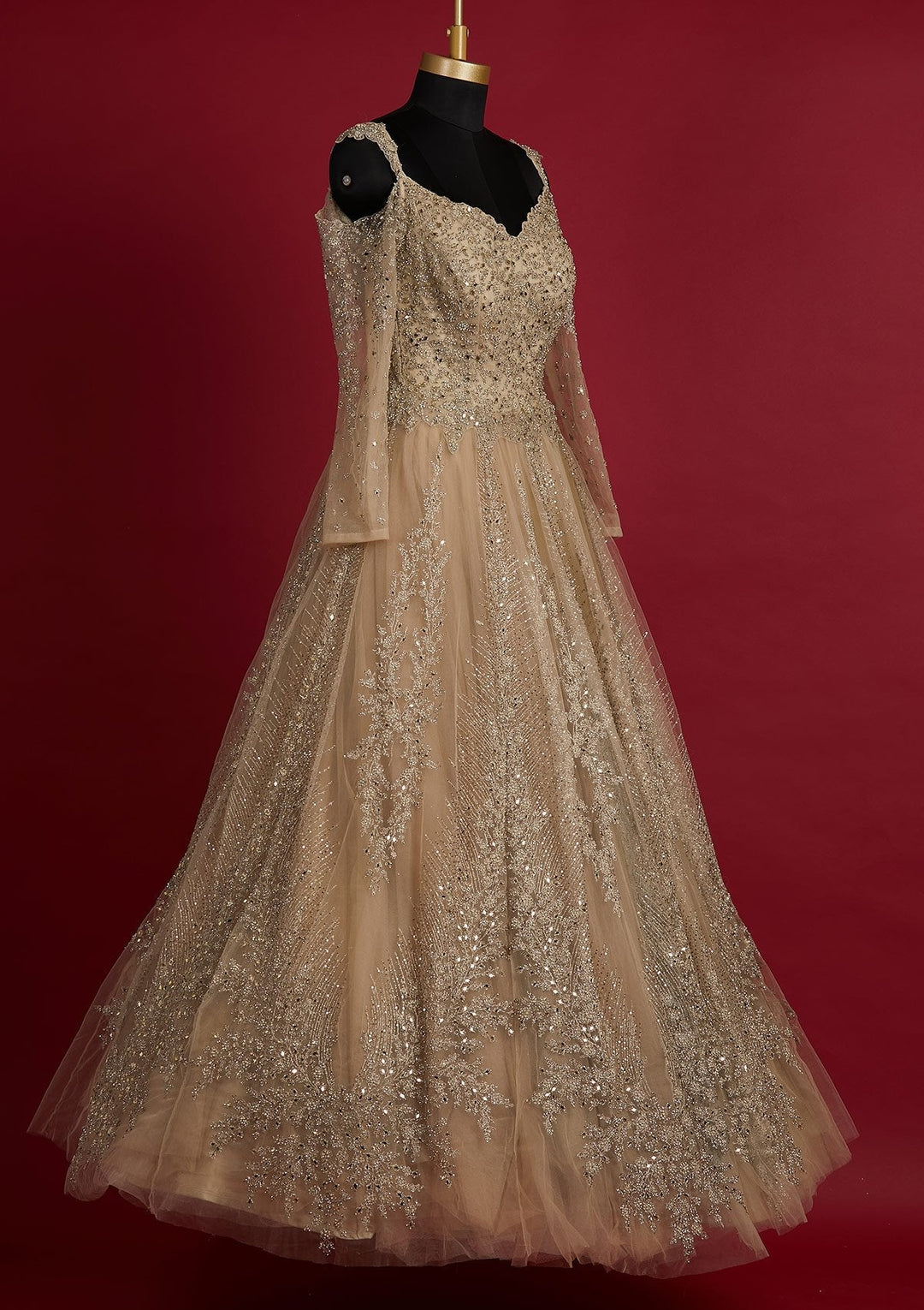 Pista Green Silver Stonework Net Designer Gown - koskii
