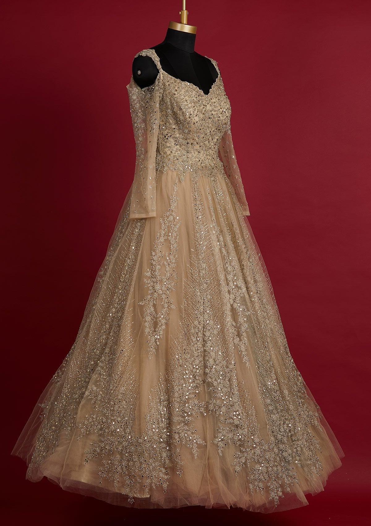 Pista Green Silver Stonework Net Designer Gown - koskii