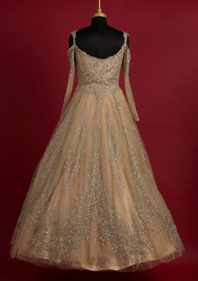 Pista Green Silver Stonework Net Designer Gown - koskii