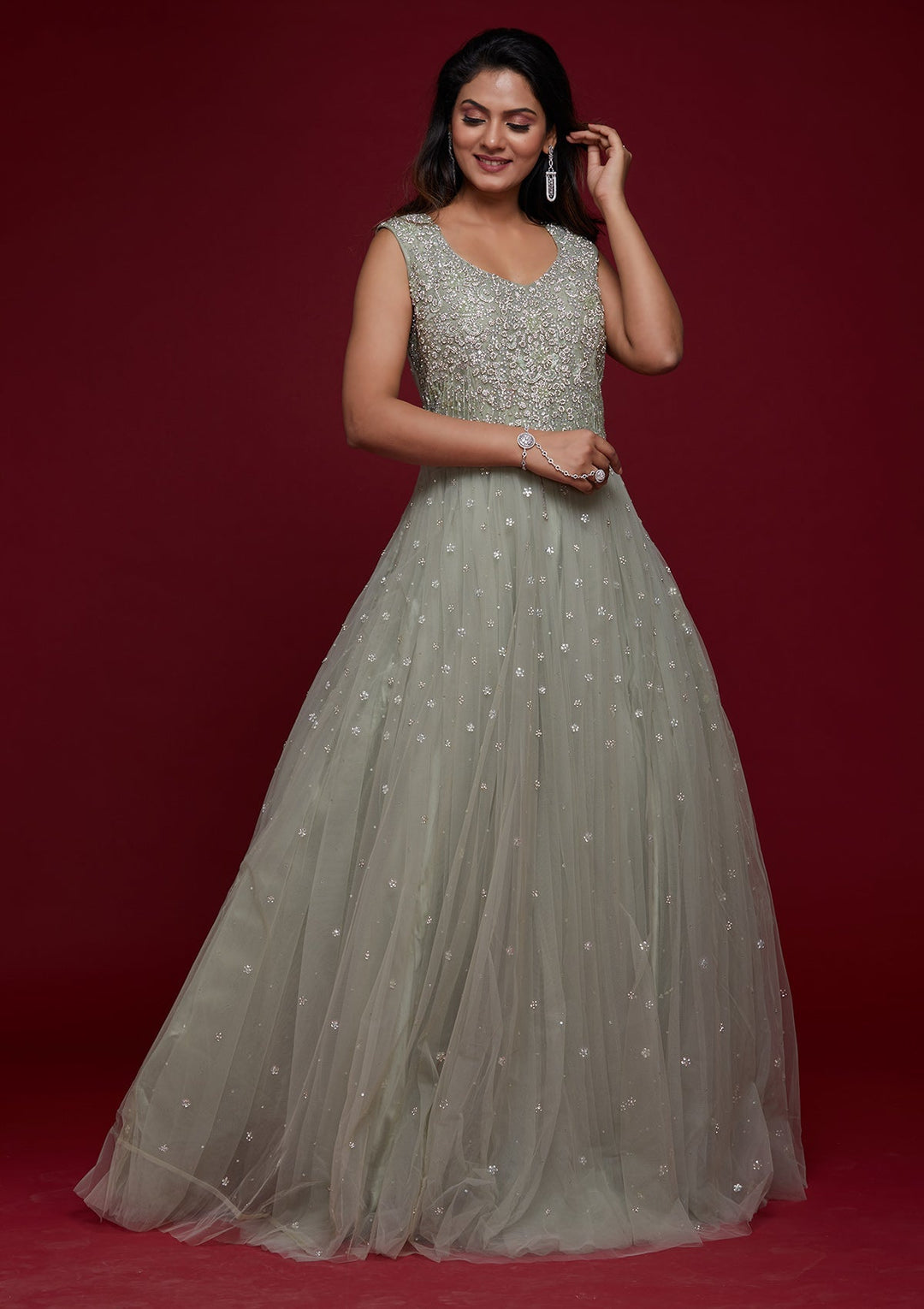 Pista Green Silver Stonework Net Designer Gown - Koskii