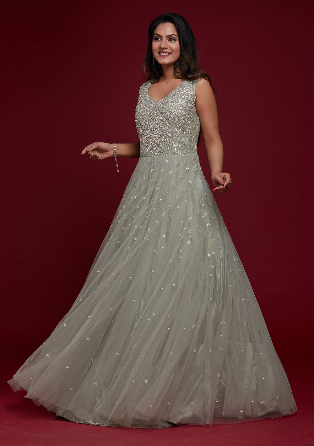 Pista Green Silver Stonework Net Designer Gown - Koskii