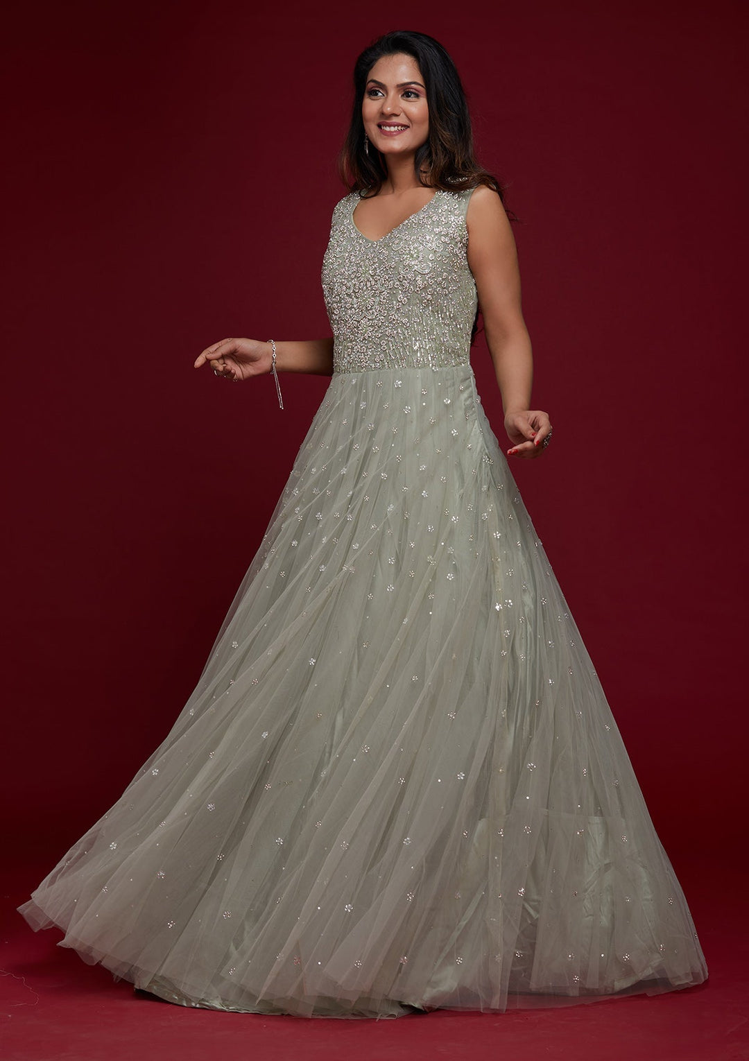 Pista Green Silver Stonework Net Designer Gown - Koskii