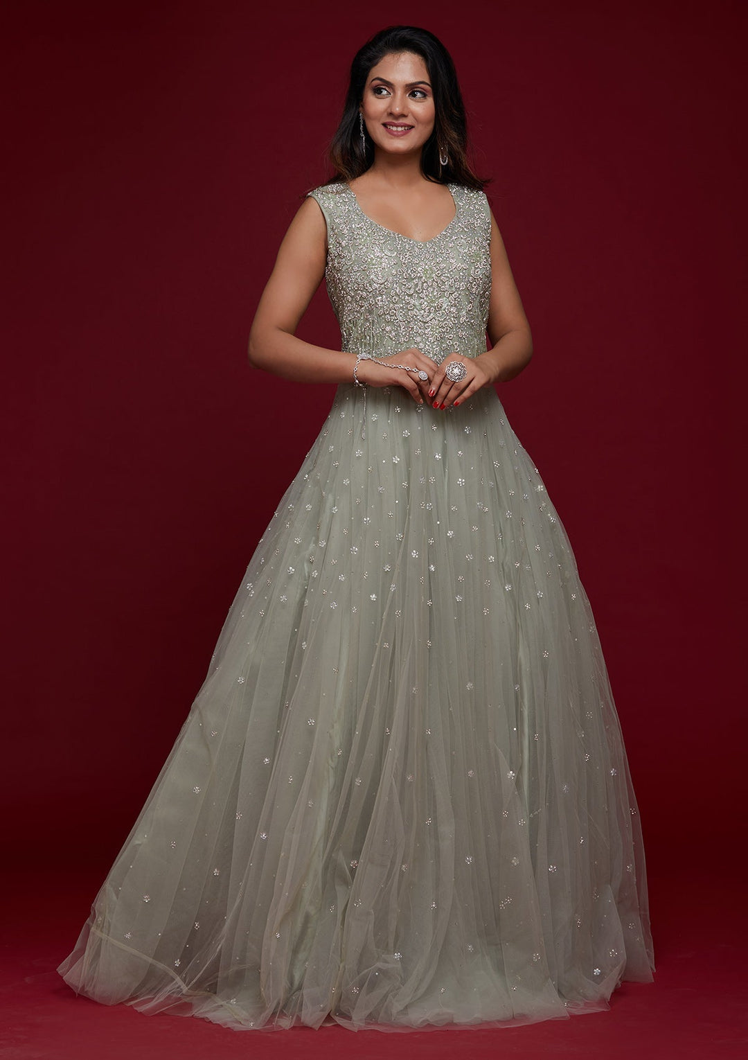 Pista Green Silver Stonework Net Designer Gown - Koskii