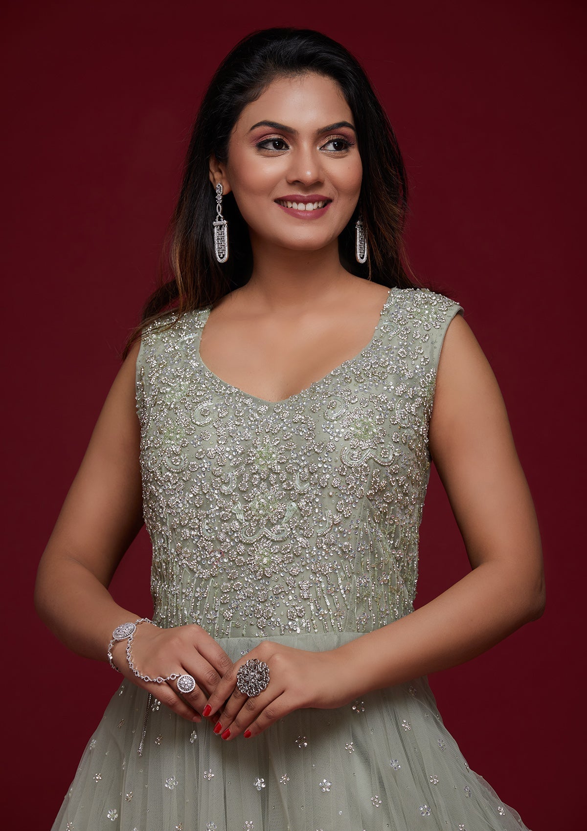 Buy Pista Green Silver Stonework Net Designer Gown - Koskii