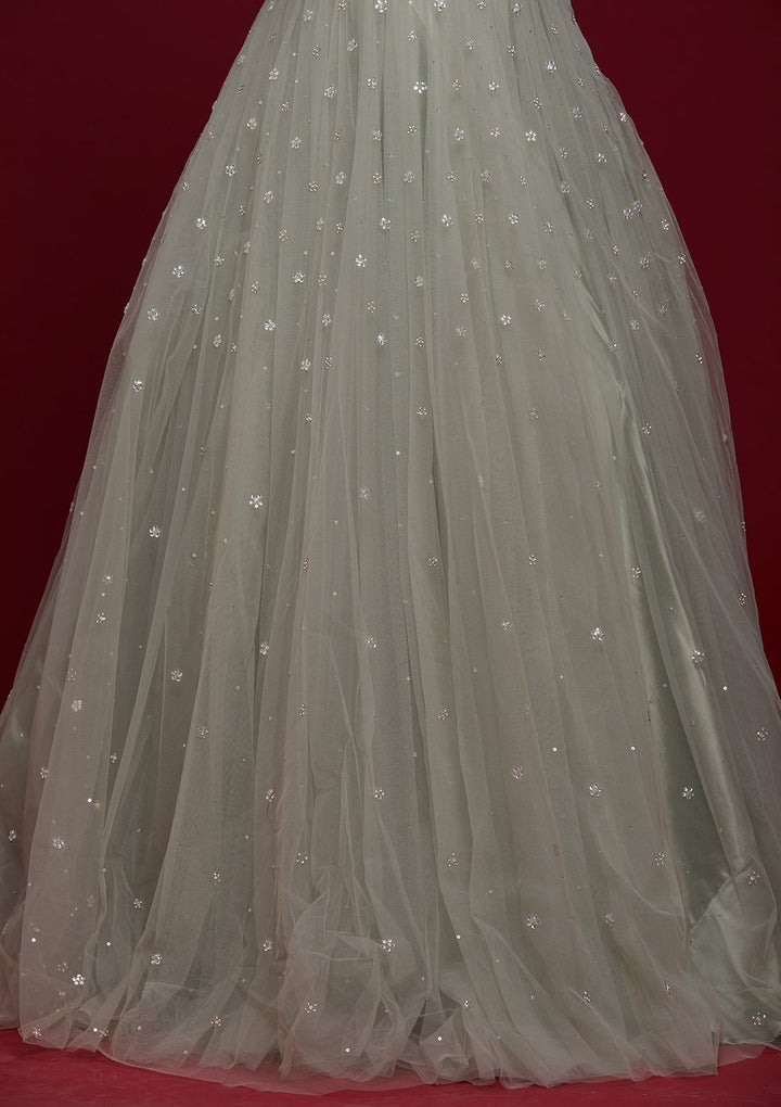 Pista Green Silver Stonework Net Designer Gown - Koskii