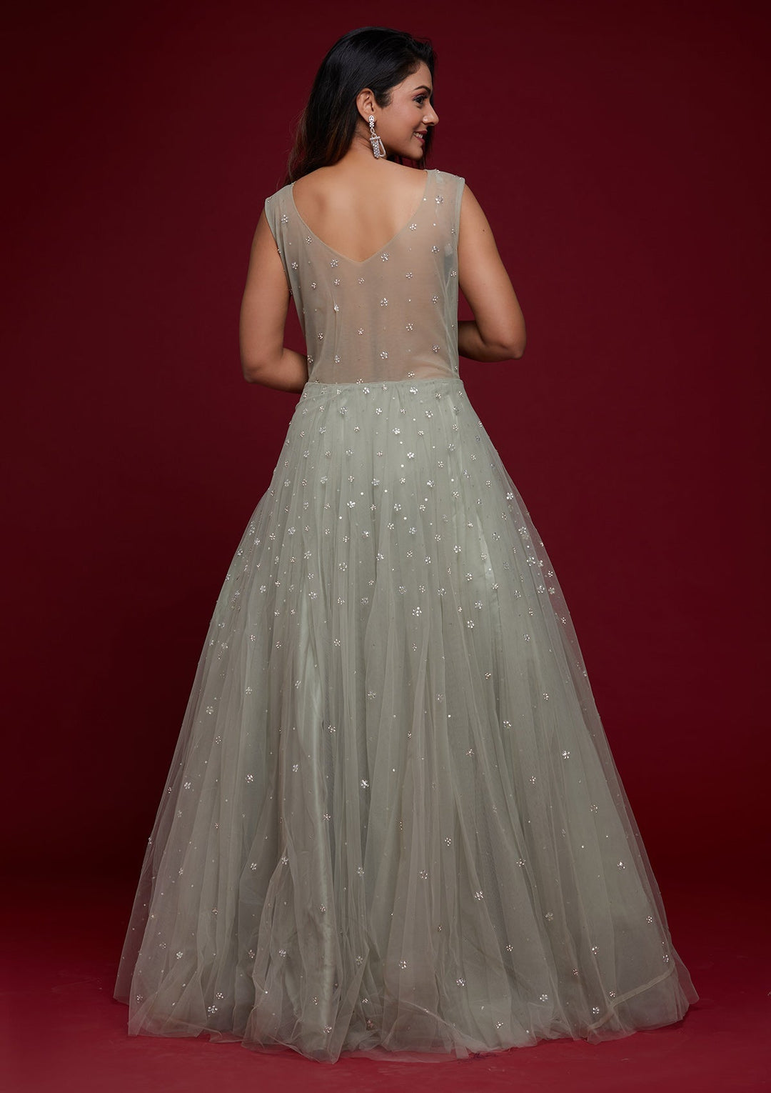 Pista Green Silver Stonework Net Designer Gown - Koskii