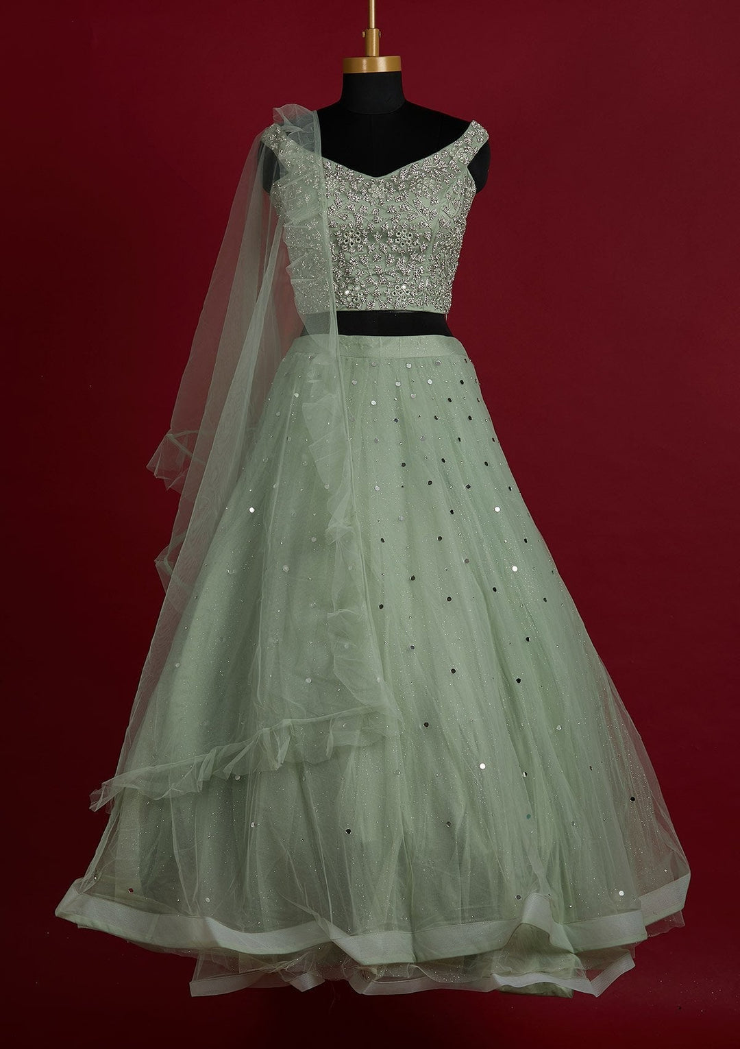 Pista Green Silver Stonework Net Designer Lehenga - Koskii