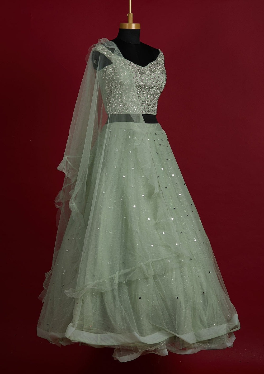 Pista Green Silver Stonework Net Designer Lehenga - Koskii