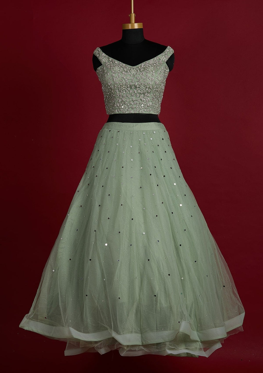 Pista Green Silver Stonework Net Designer Lehenga - Koskii