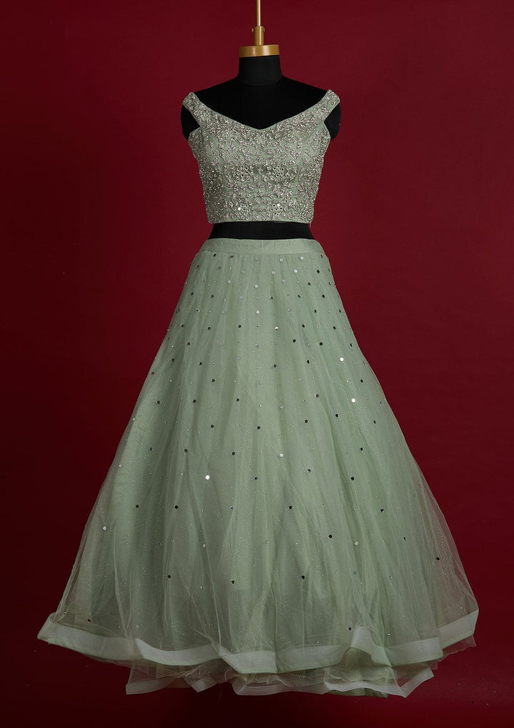 Pista Green Silver Stonework Net Designer Lehenga - Koskii
