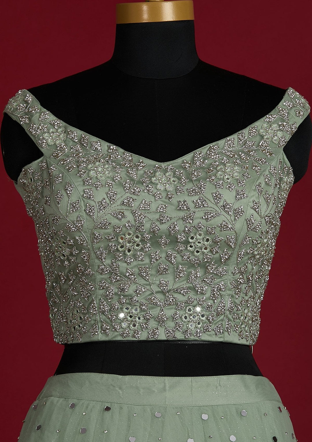 Pista Green Silver Stonework Net Designer Lehenga - Koskii